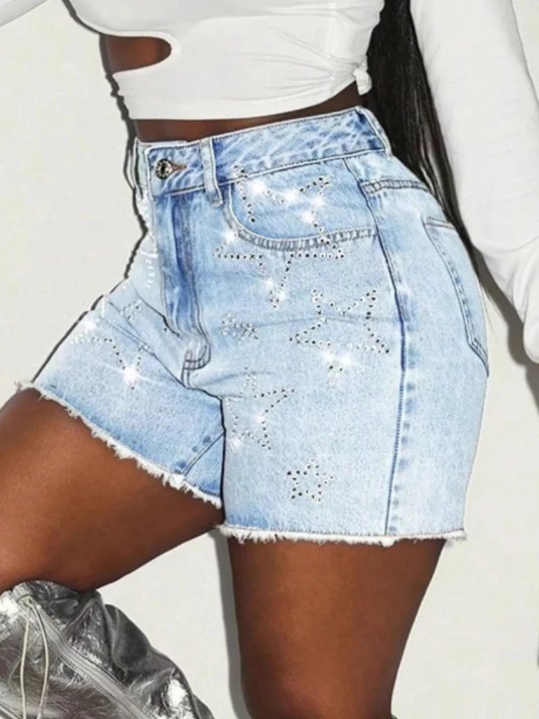 Star Raw Hem Denim Shorts - Blue by Trendsi from FREYA’S CLOSET
