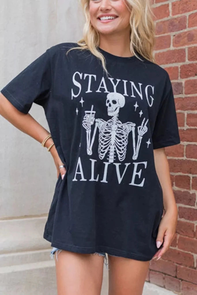 STAYING ALIVE Funny Skeleton Graphic Round Neck T Shirt - Black by Trendsi from FREYA’S CLOSET
