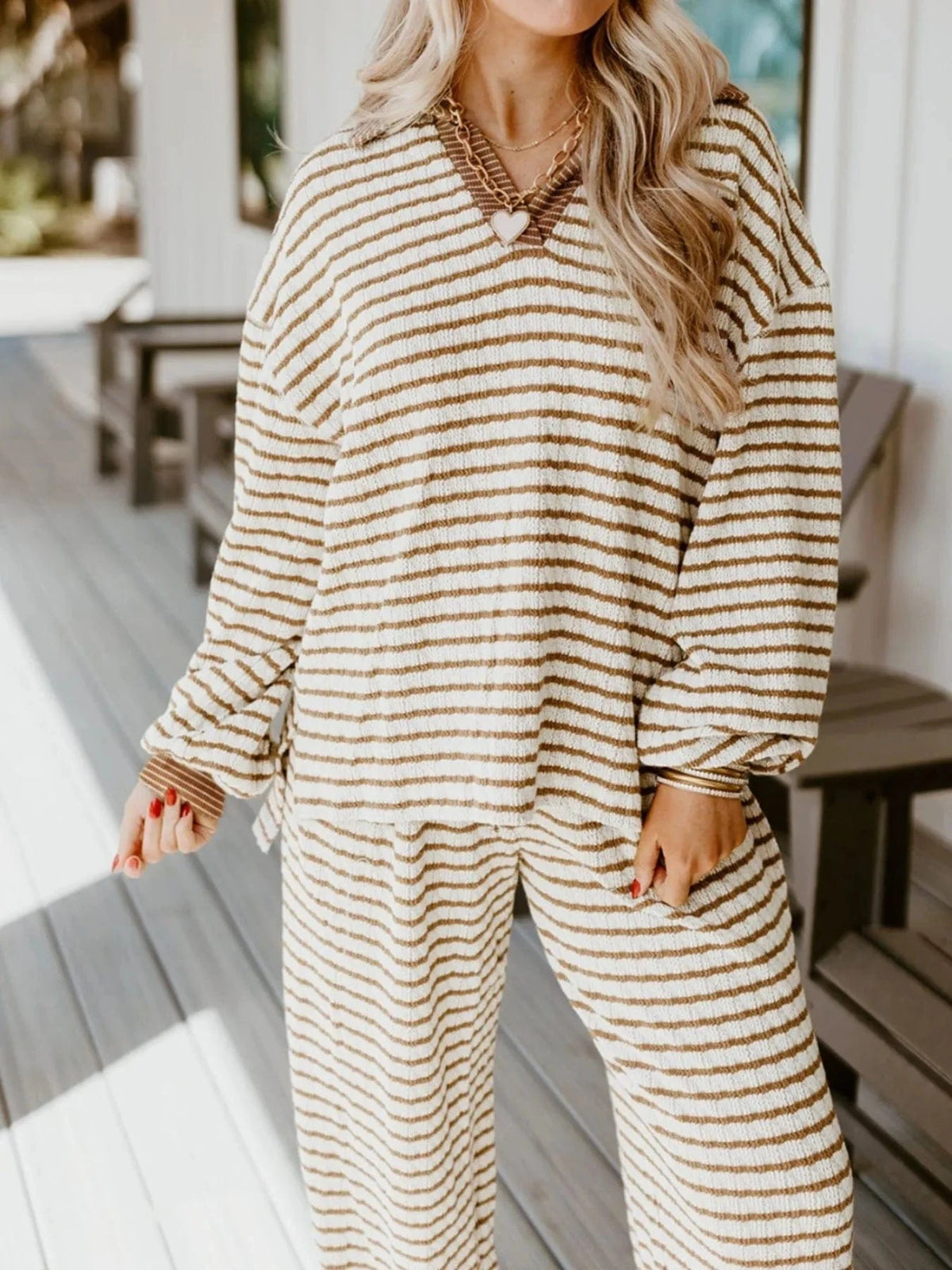Trendsi Stripe Collared Top and Drawstring Pant Set