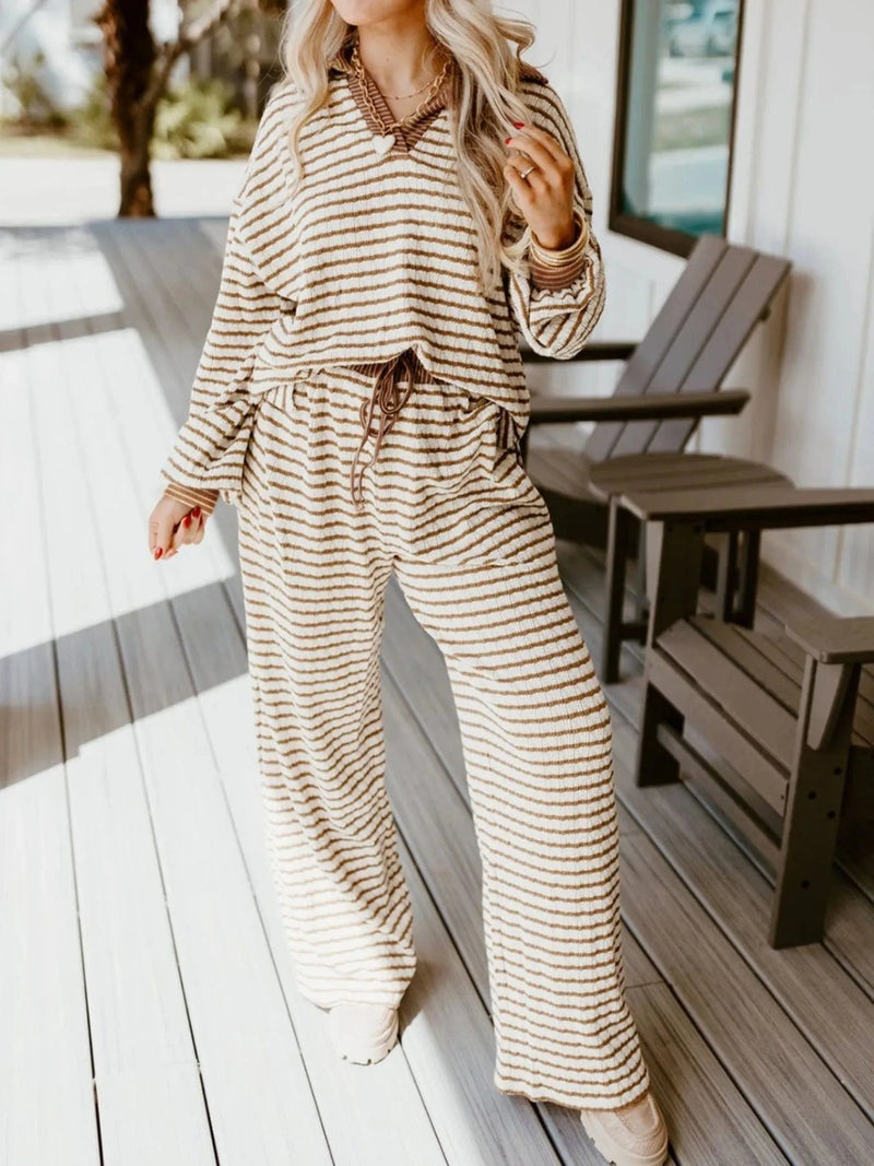 Trendsi Stripe Collared Top and Drawstring Pant Set