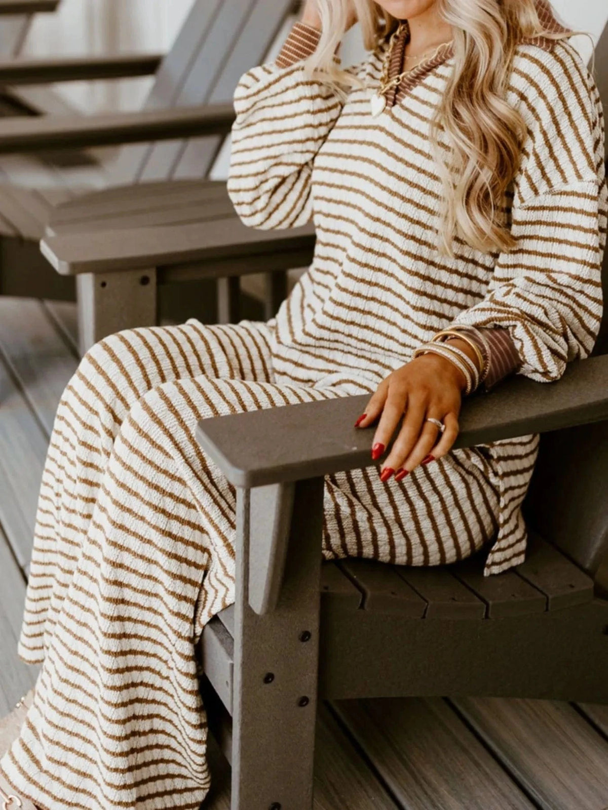 Trendsi Stripe Collared Top and Drawstring Pant Set