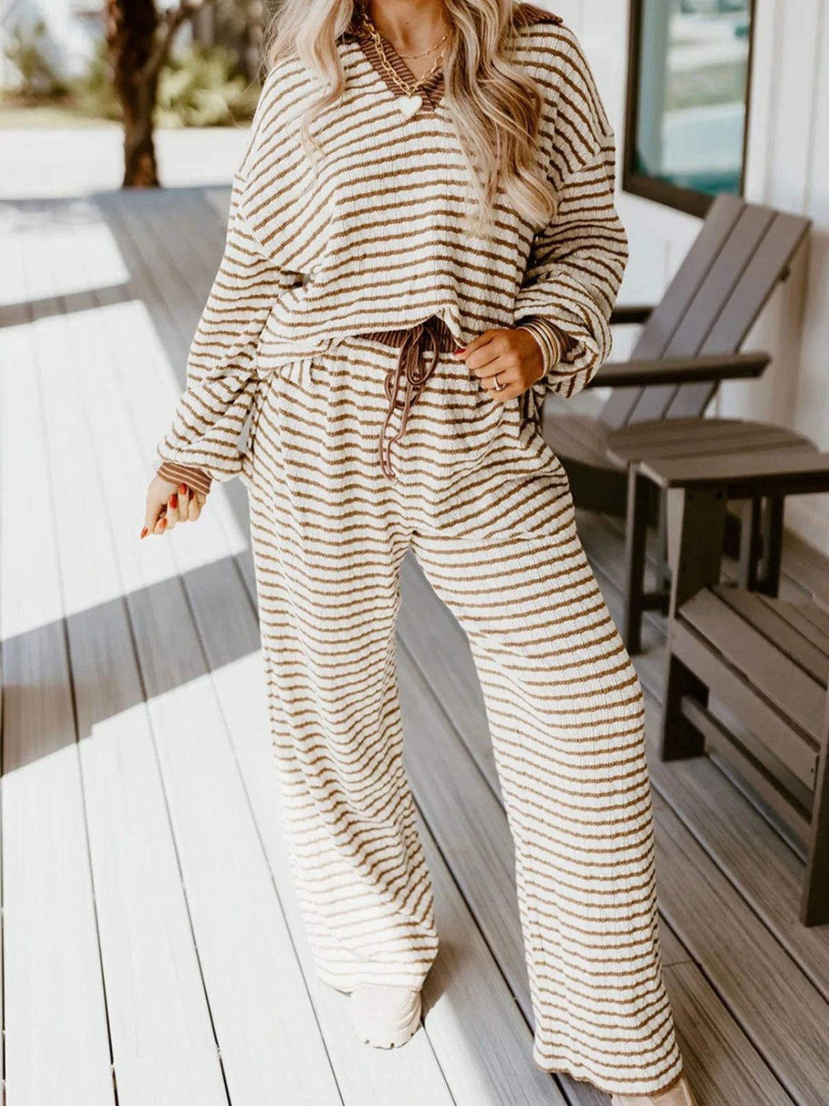 Trendsi Khaki Stripe / S Stripe Collared Top and Drawstring Pant Set