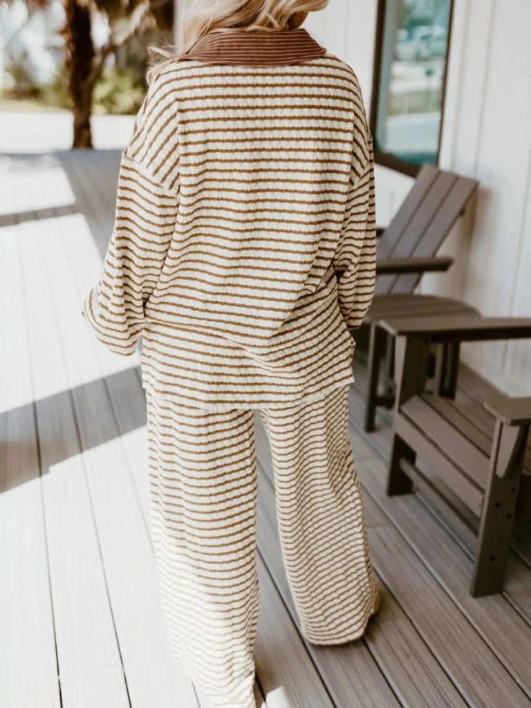 Stripe Collared Top and Drawstring Pant Set - Khaki Stripe by Trendsi from FREYA’S CLOSET