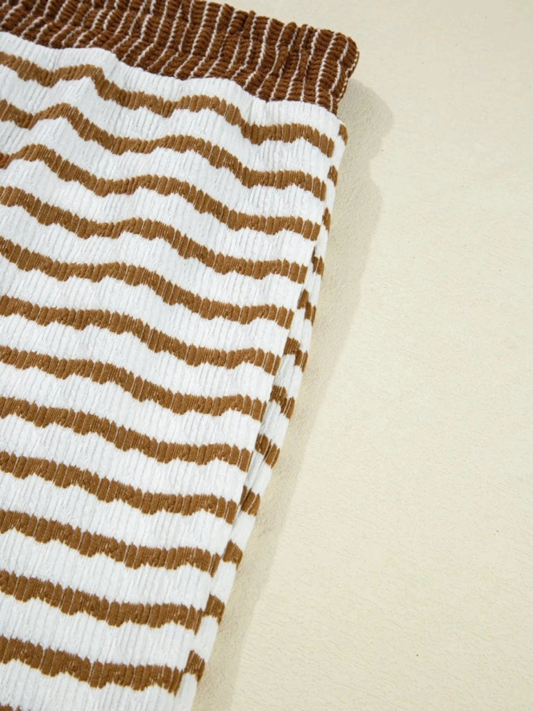 Stripe Collared Top and Drawstring Pant Set - Khaki Stripe by Trendsi from FREYA’S CLOSET