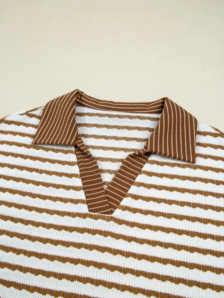 Stripe Collared Top and Drawstring Pant Set - Khaki Stripe by Trendsi from FREYA’S CLOSET