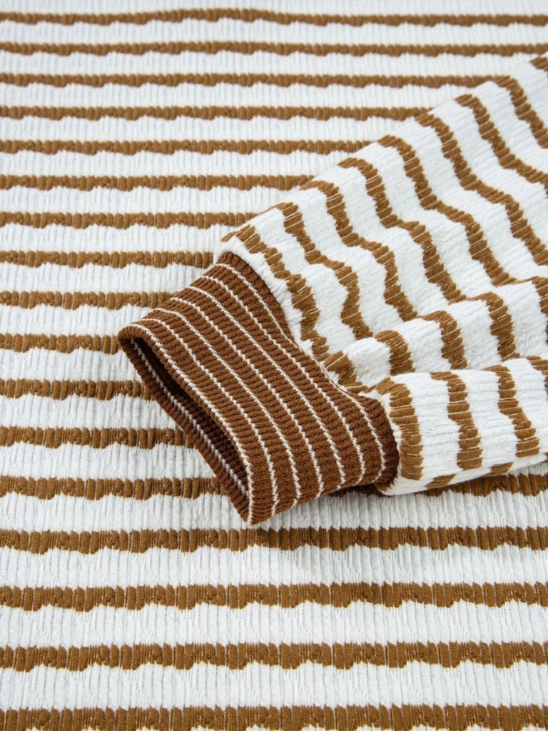 Stripe Collared Top and Drawstring Pant Set - Khaki Stripe by Trendsi from FREYA’S CLOSET