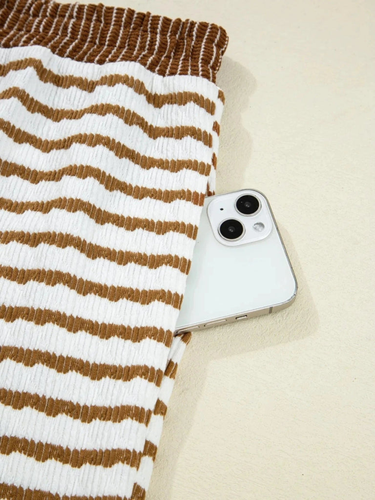 Stripe Collared Top and Drawstring Pant Set - Khaki Stripe by Trendsi from FREYA’S CLOSET