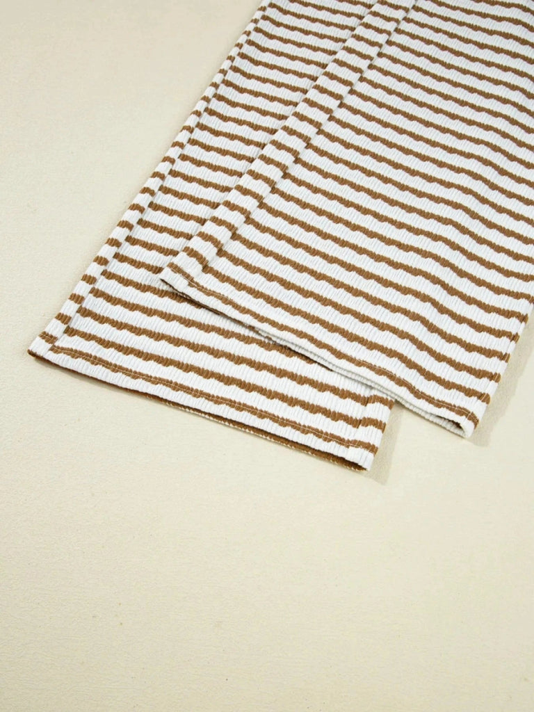 Stripe Collared Top and Drawstring Pant Set - Khaki Stripe by Trendsi from FREYA’S CLOSET