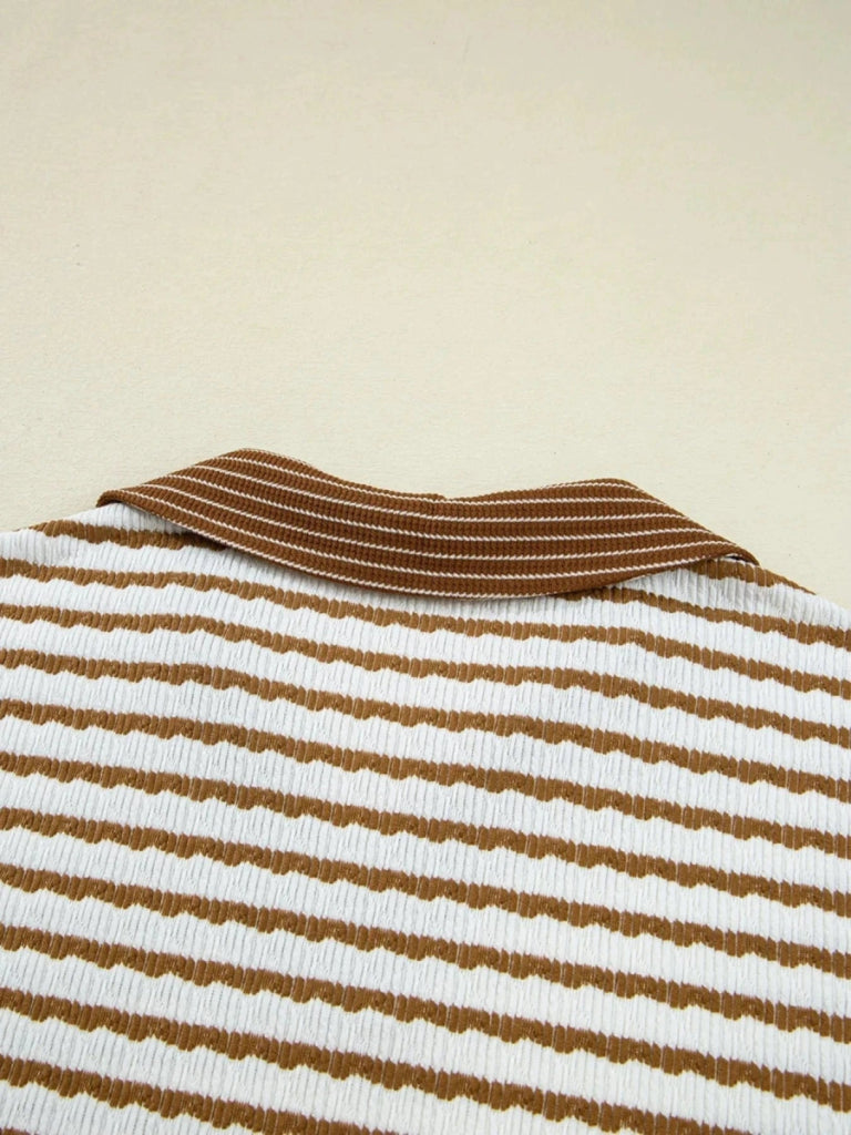 Stripe Collared Top and Drawstring Pant Set - Khaki Stripe by Trendsi from FREYA’S CLOSET