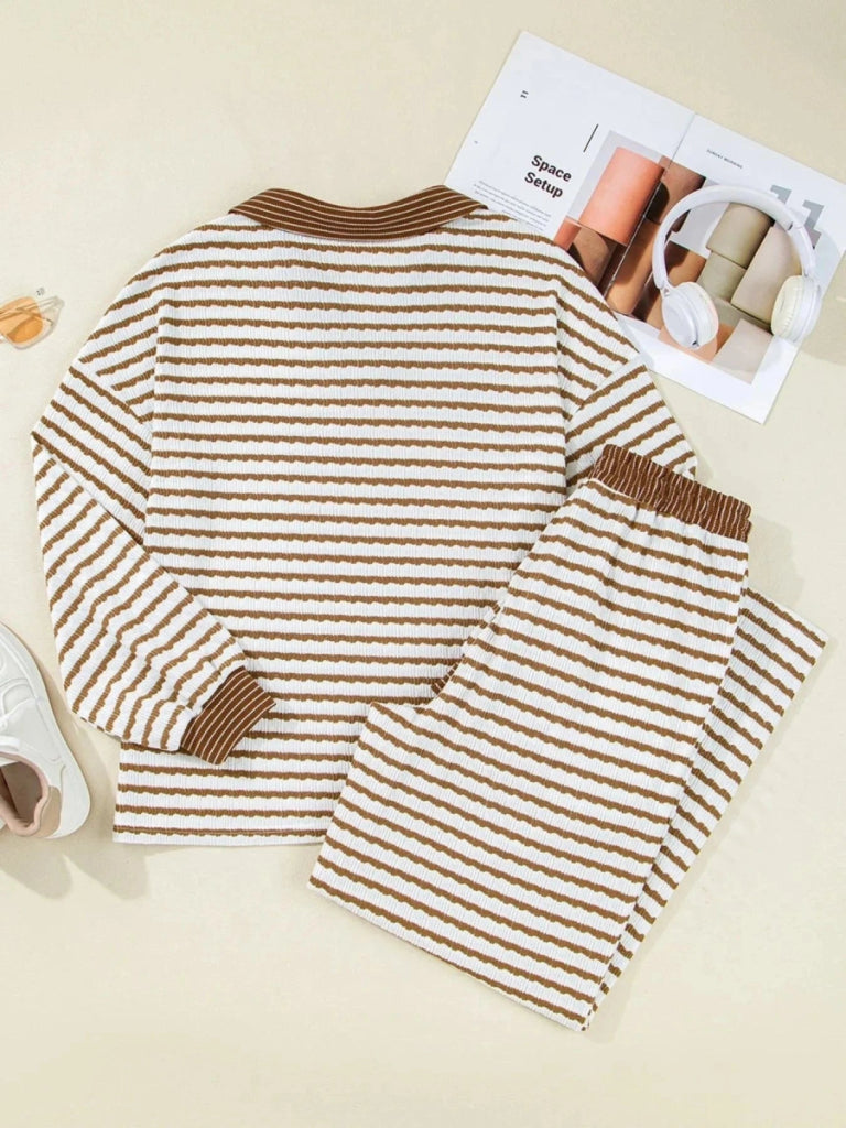 Stripe Collared Top and Drawstring Pant Set - Khaki Stripe by Trendsi from FREYA’S CLOSET