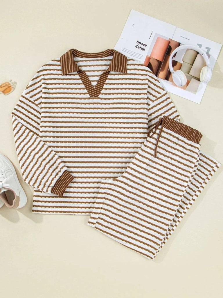 Stripe Collared Top and Drawstring Pant Set - Khaki Stripe by Trendsi from FREYA’S CLOSET