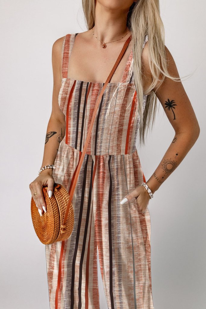 Stripe Square Neck Sleeveless Smocked Bodice Wide Leg Jumpsuit - Mocha by Trendsi from FREYA’S CLOSET
