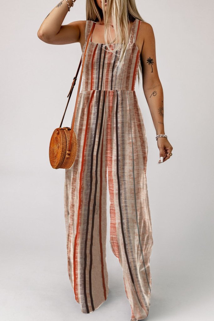 Stripe Square Neck Sleeveless Smocked Bodice Wide Leg Jumpsuit - Mocha by Trendsi from FREYA’S CLOSET
