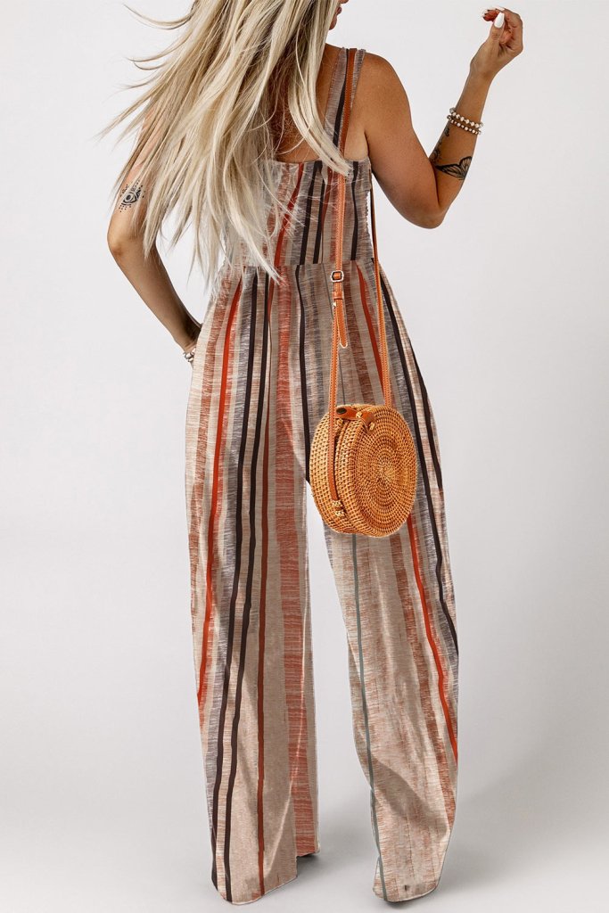 Stripe Square Neck Sleeveless Smocked Bodice Wide Leg Jumpsuit - Mocha by Trendsi from FREYA’S CLOSET