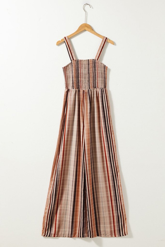 Stripe Square Neck Sleeveless Smocked Bodice Wide Leg Jumpsuit - Mocha by Trendsi from FREYA’S CLOSET