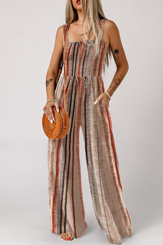 Stripe Square Neck Sleeveless Smocked Bodice Wide Leg Jumpsuit - Mocha by Trendsi from FREYA’S CLOSET