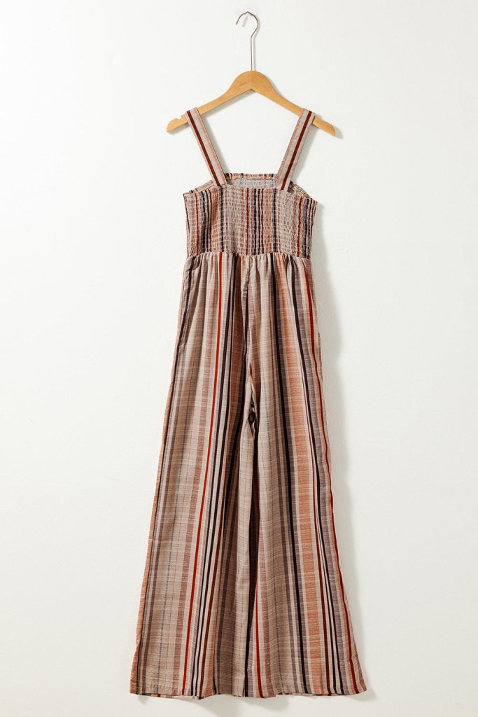 Stripe Square Neck Sleeveless Smocked Bodice Wide Leg Jumpsuit - Mocha by Trendsi from FREYA’S CLOSET