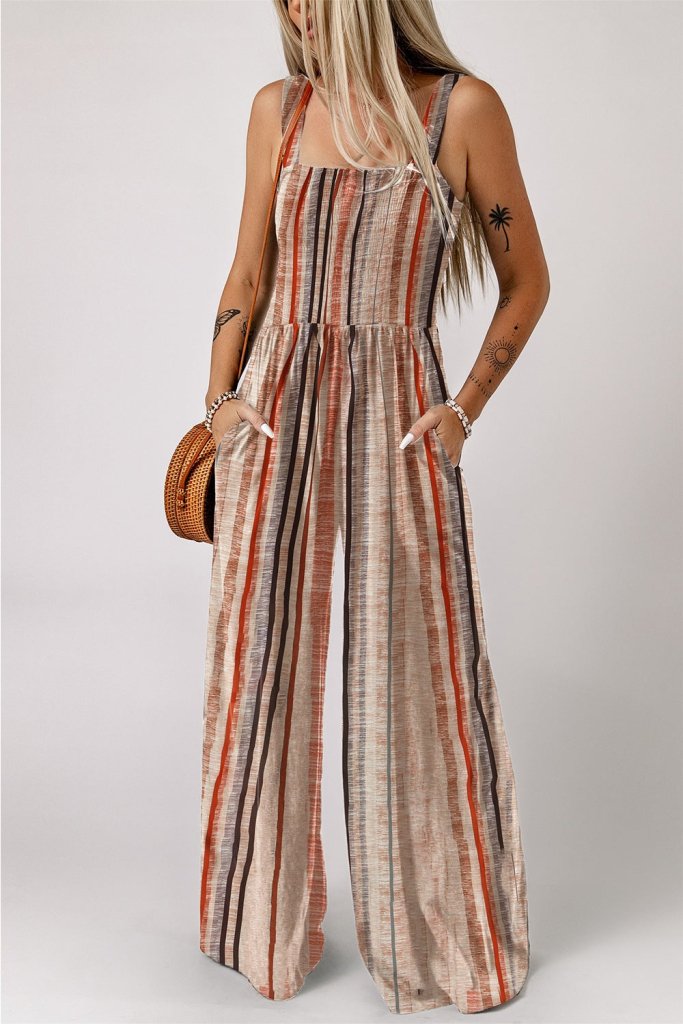 Stripe Square Neck Sleeveless Smocked Bodice Wide Leg Jumpsuit - Mocha by Trendsi from FREYA’S CLOSET