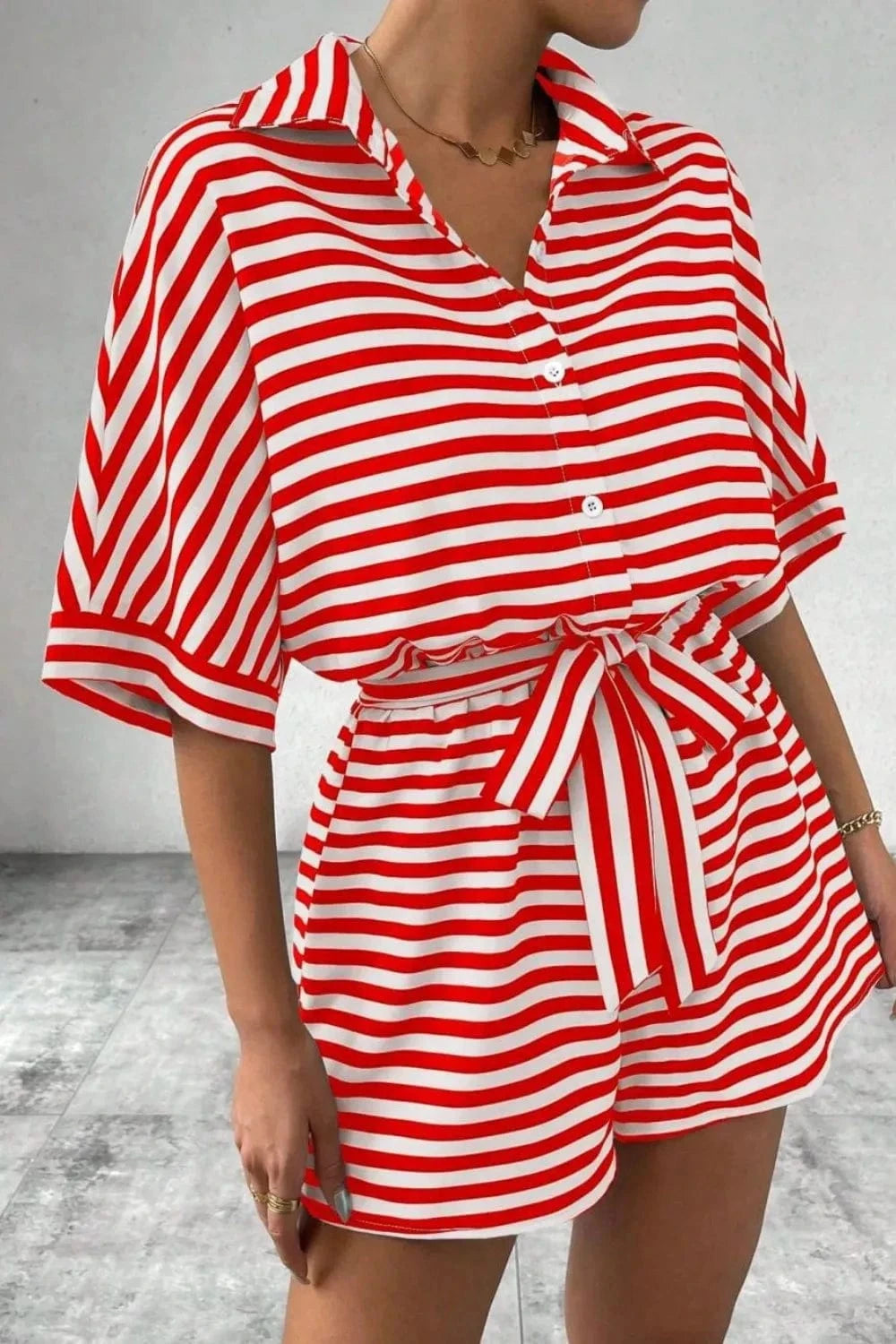Trendsi Striped Collared Neck Tie Waist Romper