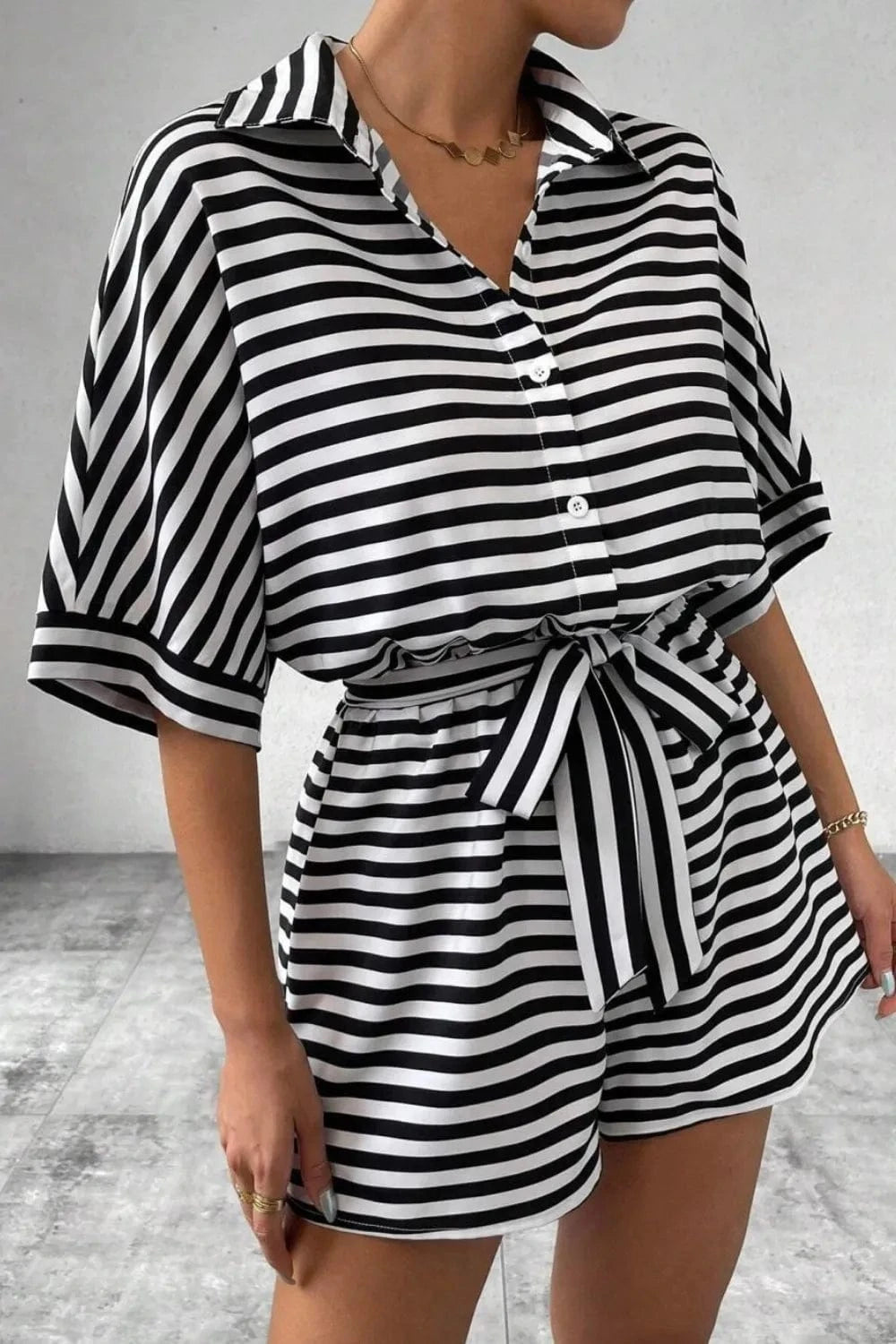 Trendsi Striped Collared Neck Tie Waist Romper