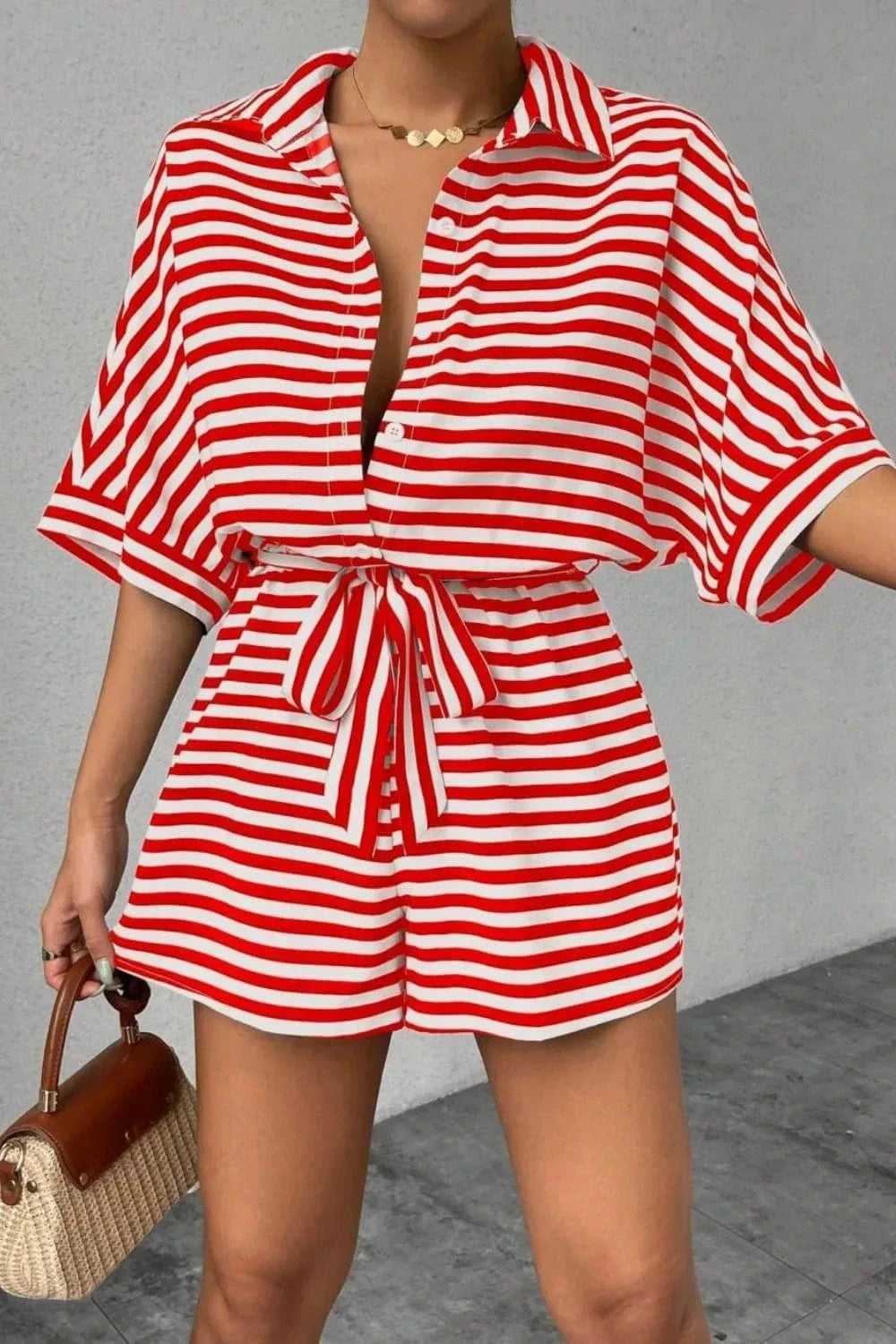 Trendsi Striped Collared Neck Tie Waist Romper