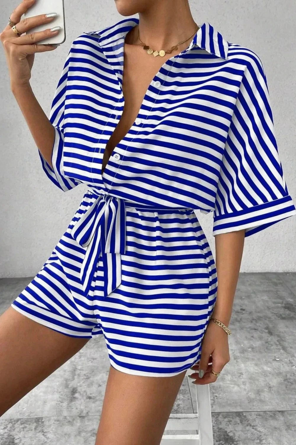 Trendsi Striped Collared Neck Tie Waist Romper