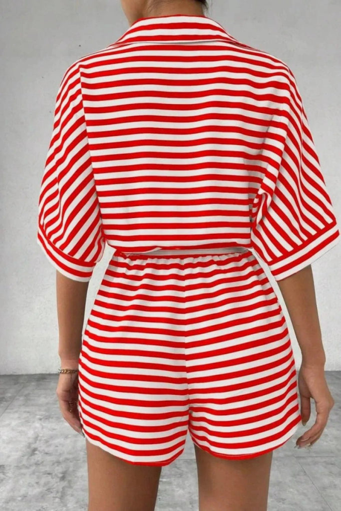 Striped Collared Neck Tie Waist Romper - Strawberry by Trendsi from FREYA’S CLOSET