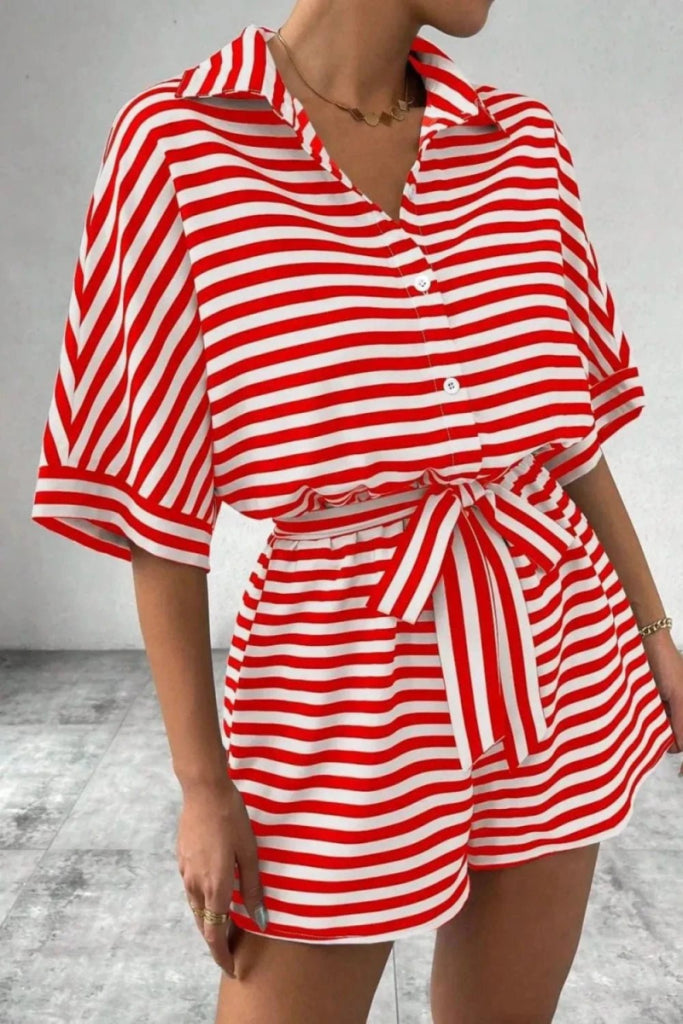 Striped Collared Neck Tie Waist Romper - Strawberry by Trendsi from FREYA’S CLOSET