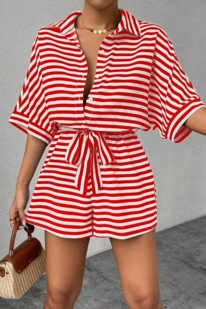 Striped Collared Neck Tie Waist Romper - Strawberry by Trendsi from FREYA’S CLOSET