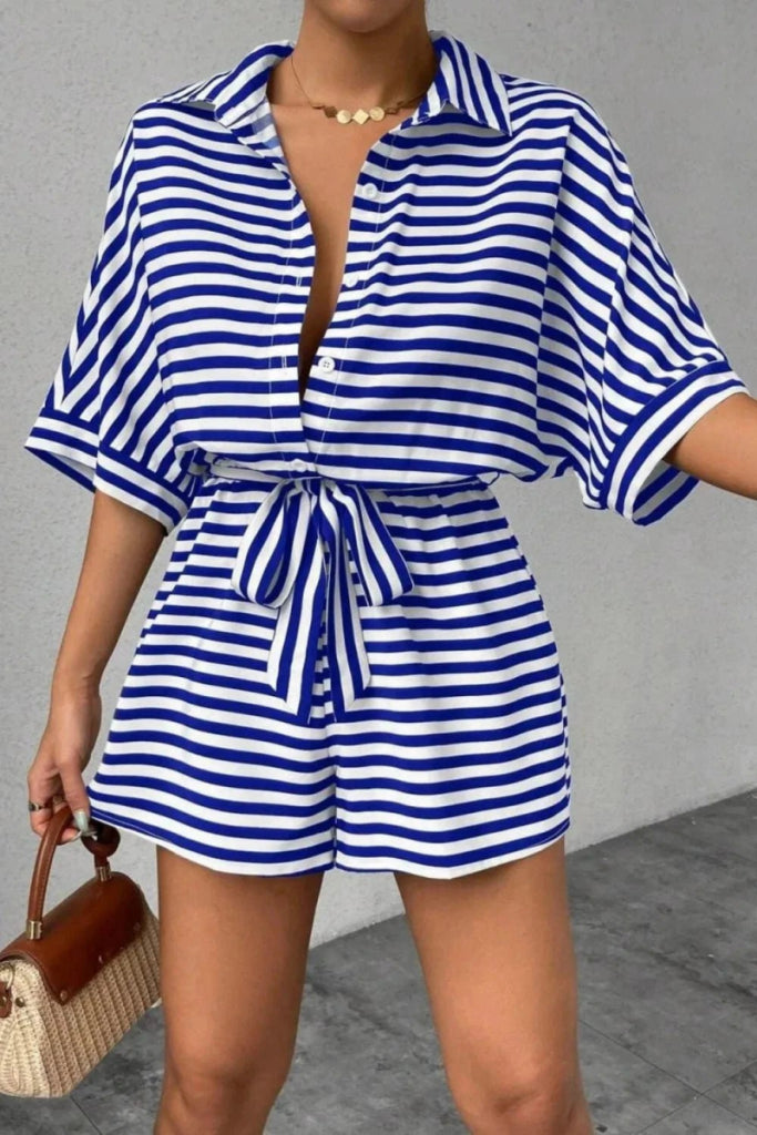 Striped Collared Neck Tie Waist Romper - Blue by Trendsi from FREYA’S CLOSET