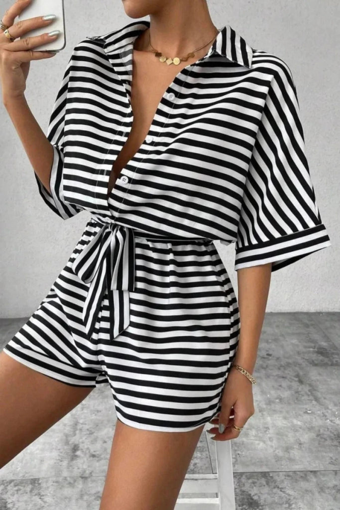 Striped Collared Neck Tie Waist Romper - Black by Trendsi from FREYA’S CLOSET