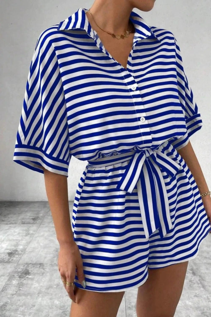 Striped Collared Neck Tie Waist Romper - Blue by Trendsi from FREYA’S CLOSET