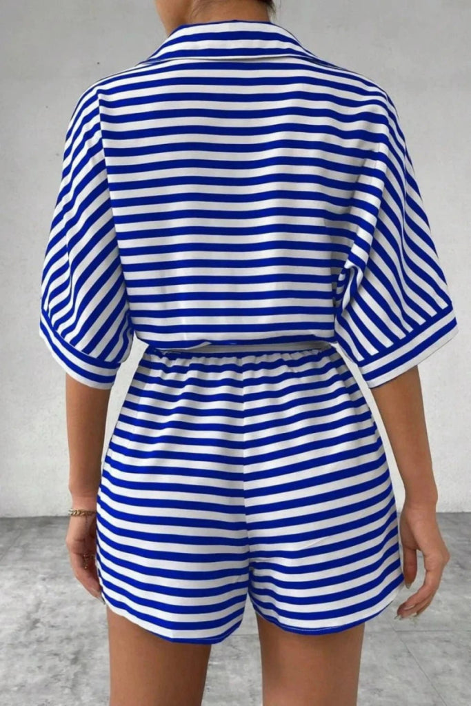 Striped Collared Neck Tie Waist Romper - Blue by Trendsi from FREYA’S CLOSET