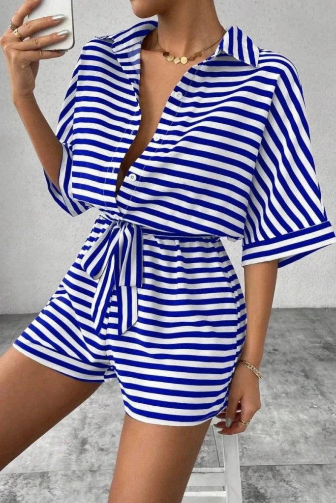Striped Collared Neck Tie Waist Romper - Blue by Trendsi from FREYA’S CLOSET