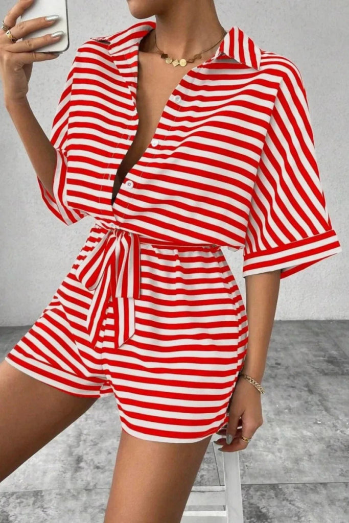 Striped Collared Neck Tie Waist Romper - Strawberry by Trendsi from FREYA’S CLOSET
