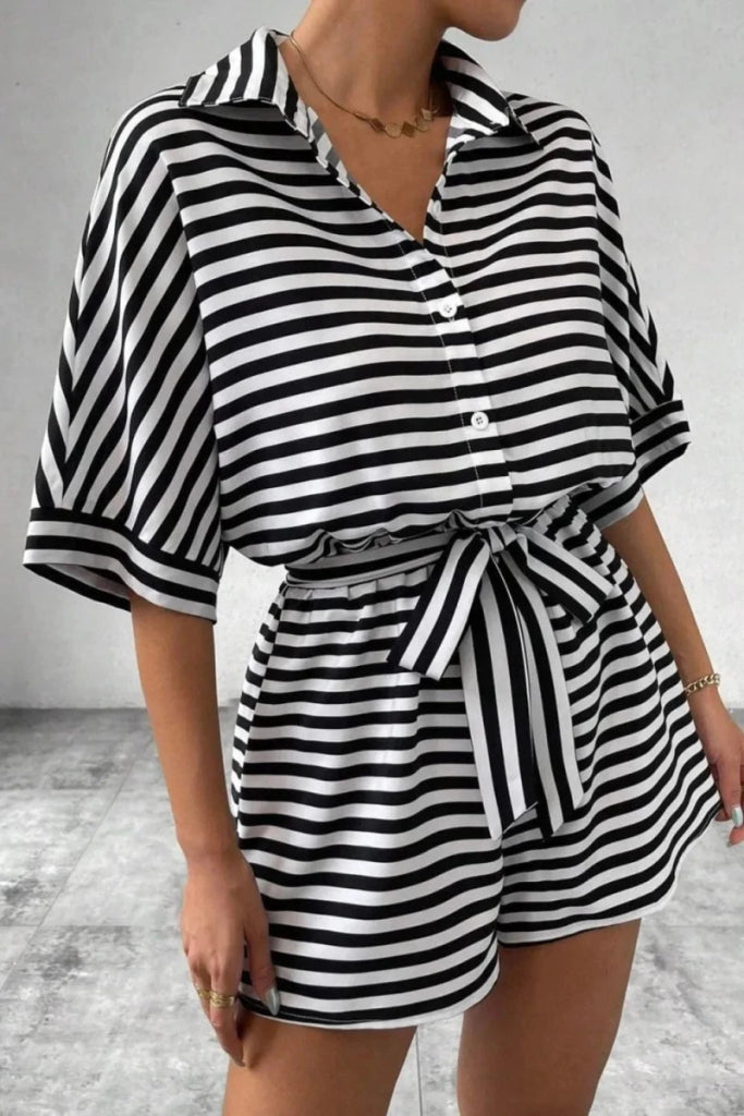 Striped Collared Neck Tie Waist Romper - Black by Trendsi from FREYA’S CLOSET