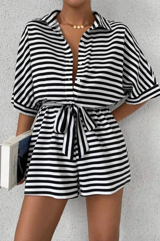 Striped Collared Neck Tie Waist Romper - Black by Trendsi from FREYA’S CLOSET
