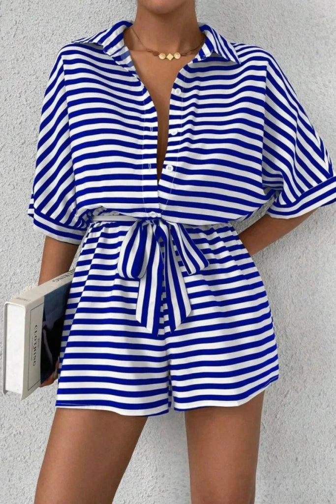 Striped Collared Neck Tie Waist Romper - Blue by Trendsi from FREYA’S CLOSET