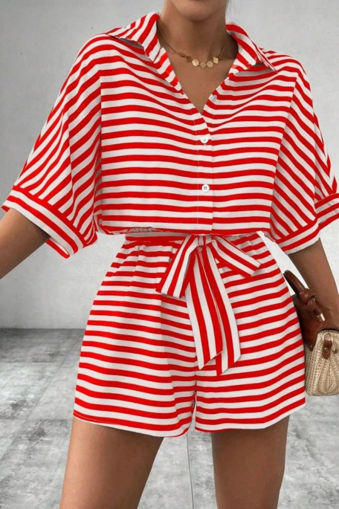 Striped Collared Neck Tie Waist Romper - Strawberry by Trendsi from FREYA’S CLOSET