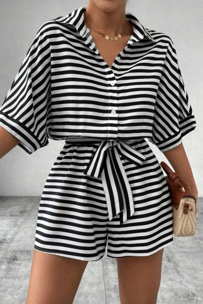 Striped Collared Neck Tie Waist Romper - Black by Trendsi from FREYA’S CLOSET