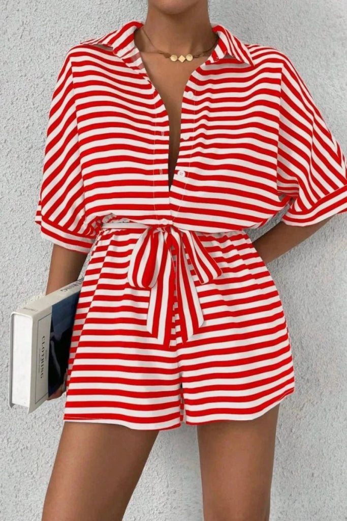 Striped Collared Neck Tie Waist Romper - Strawberry by Trendsi from FREYA’S CLOSET