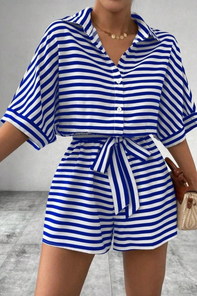 Striped Collared Neck Tie Waist Romper - Blue by Trendsi from FREYA’S CLOSET