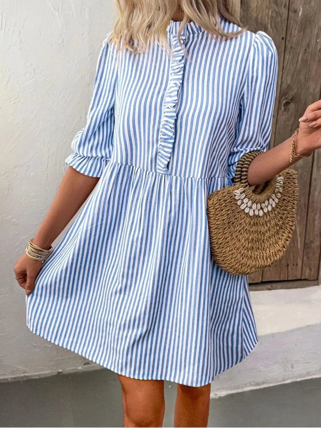 Trendsi Light Blue / S Striped Half Sleeve Mini Shirt Dress