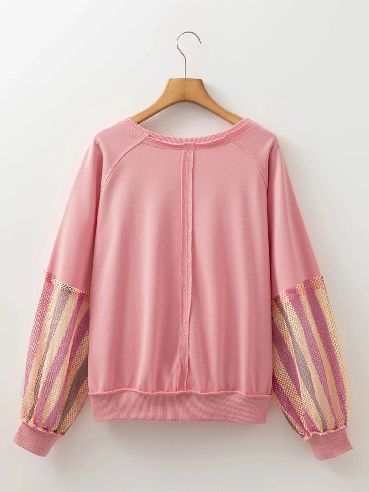 Trendsi Striped Mesh Sleeve Patchwork Exposed Seam Top