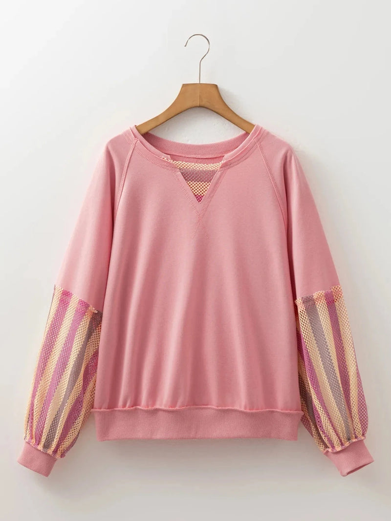 Trendsi Striped Mesh Sleeve Patchwork Exposed Seam Top