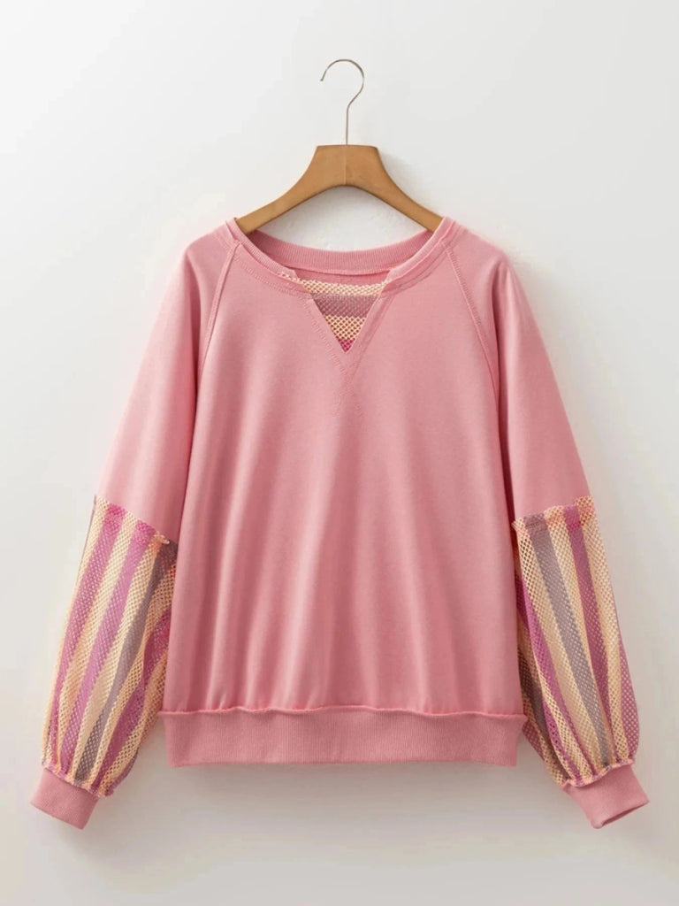 Striped Mesh Sleeve Patchwork Exposed Seam Top - Dusty Pink by Trendsi from FREYA’S CLOSET