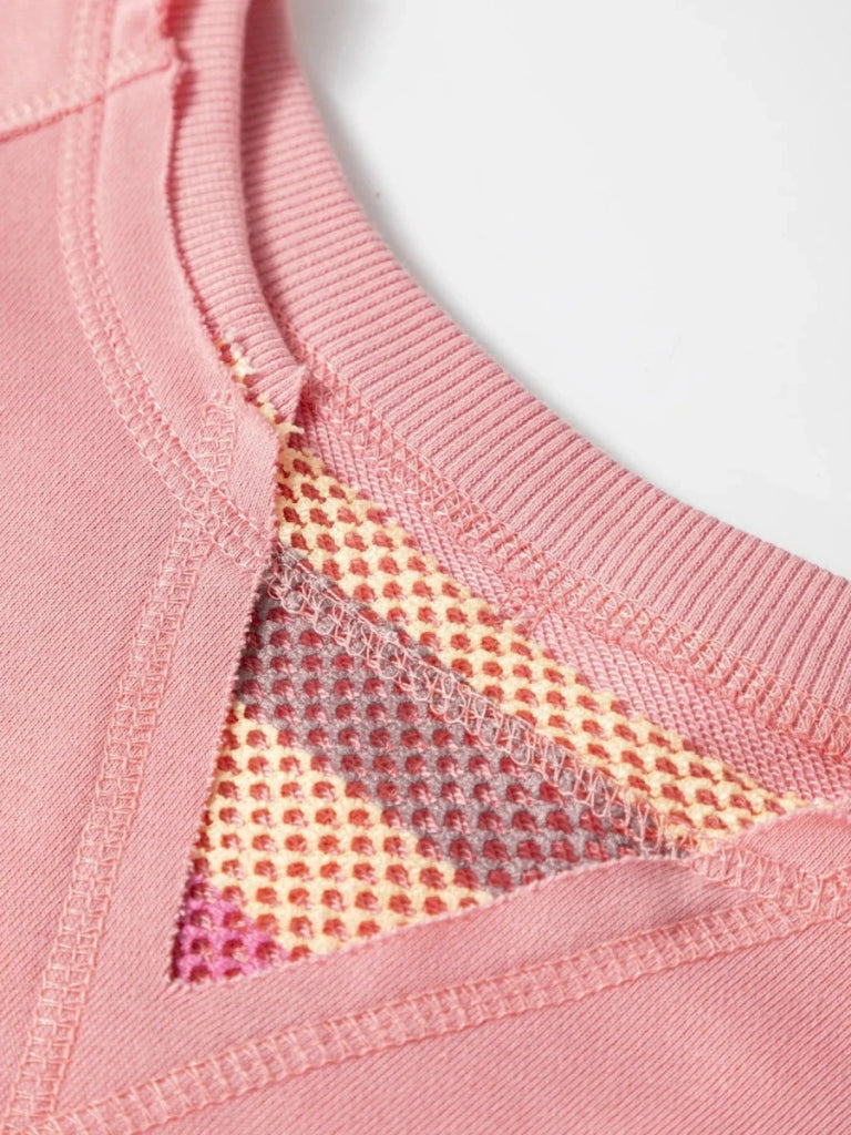 Striped Mesh Sleeve Patchwork Exposed Seam Top - Dusty Pink by Trendsi from FREYA’S CLOSET