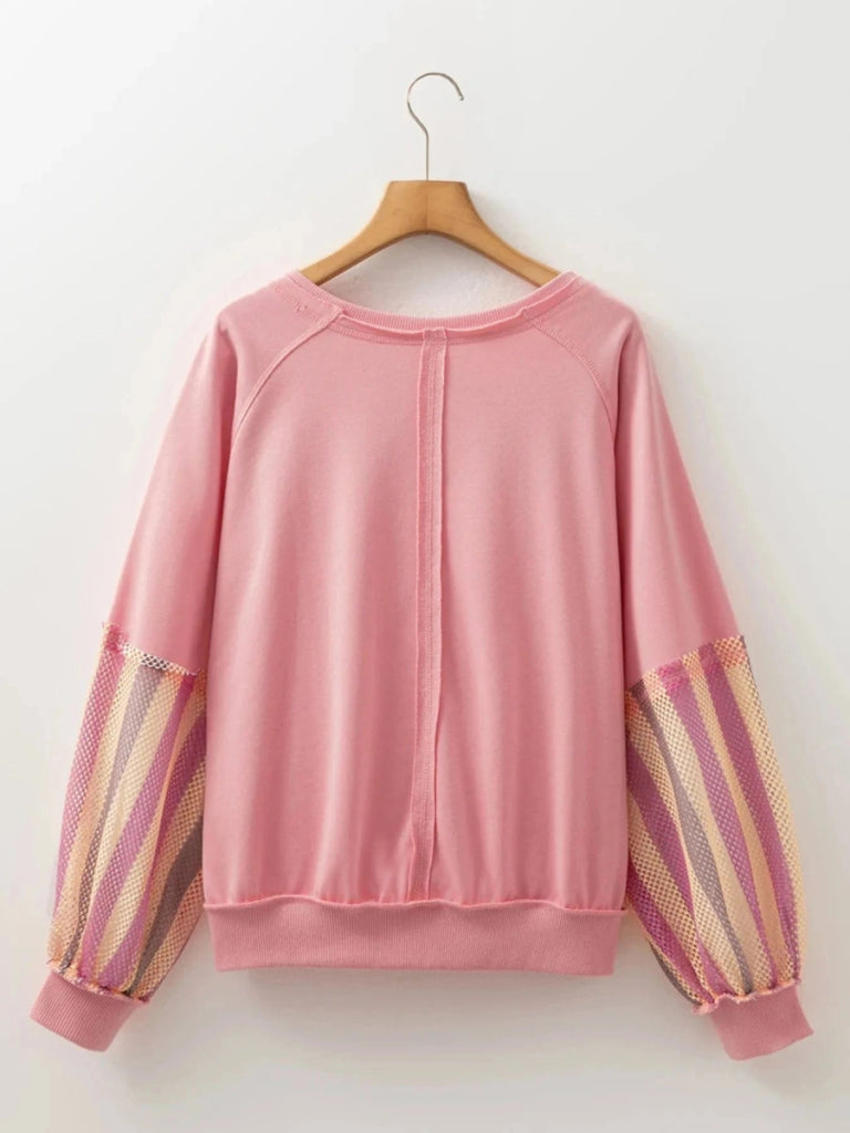 Striped Mesh Sleeve Patchwork Exposed Seam Top - Dusty Pink by Trendsi from FREYA’S CLOSET