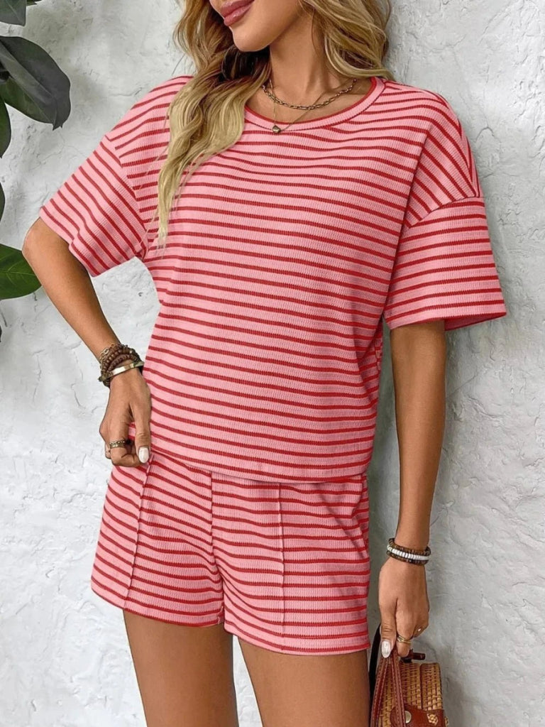Striped Round Neck Short Sleeve Top and Shorts Set - Strawberry by Trendsi from FREYA’S CLOSET