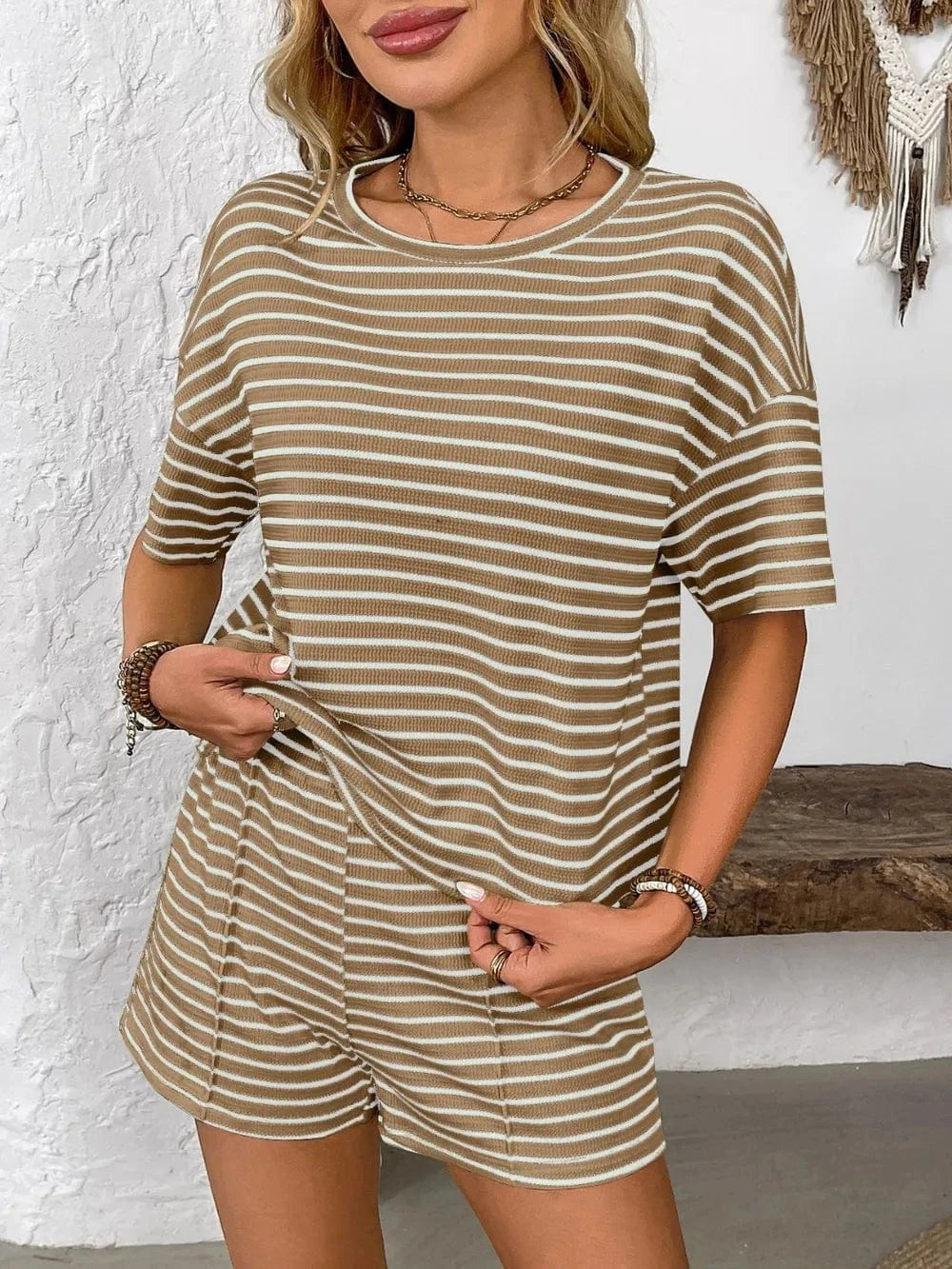 Trendsi Striped Round Neck Short Sleeve Top and Shorts Set